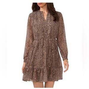 Vince Camuto Ruffled Hem Split Neck Above the Knee Animal Print Dress NEW Small